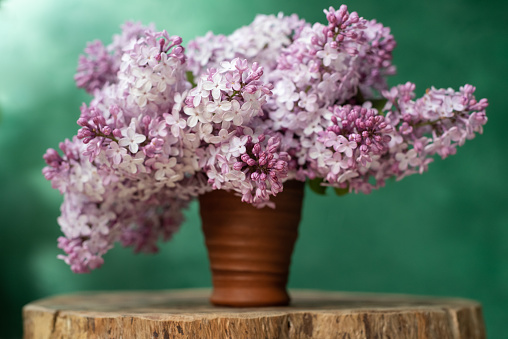 Beautiful bouquet of lilac flowers in a ceramic glass.