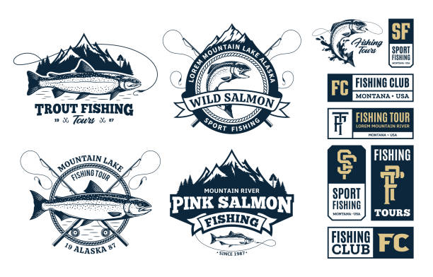 ilustraciones, imágenes clip art, dibujos animados e iconos de stock de conjunto de símbolos de pesca vectorial, insignias y elementos de diseño - trucha