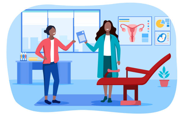 A young woman and a gynecologist A young woman and a doctor are standing in the office. The gynecologist sends the patient a printout with the results of the medical examination. Flat vector illustration human fertility stock illustrations