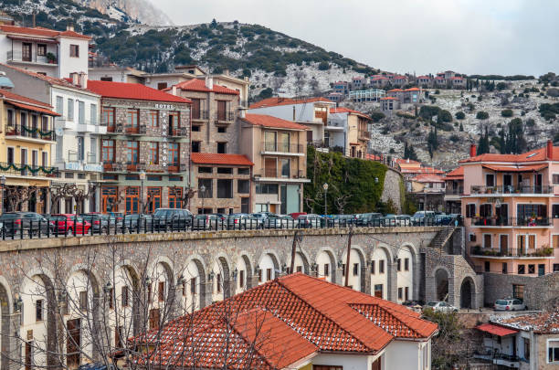 Scenic view of the picturesque and famous village of Arachova Arachova Greece, December 20 2018-scenic view of the picturesque and famous village of Arachova located on the hills of Parnassus. arachova greece stock pictures, royalty-free photos & images