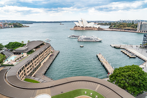 Aerial view of Sydney harbour bridge and Opera house,\