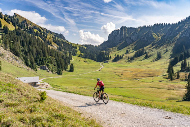 senior woman on electric mountain bike in the Allgau Alps nice senior woman riding her electric mountain bike above the Freiberg Lake and a big ski flying hill in the Allgau Alps near Oberstdorf, Bavaria, Germany allgau stock pictures, royalty-free photos & images