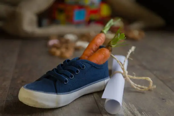 Photo of A kid places his shoe with carrots for Amerigo, the horse of Sinterklaas and a drawing for Sinterklaas, Then he dreams of a bag full of presents and candy.