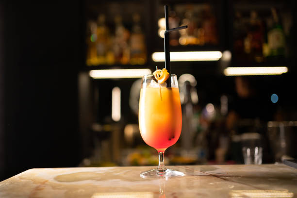 Front view of a cocktail on a bar counter.