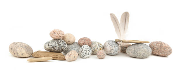 istock Sea smooth oval pebbles, driftwood and feathers isolated on white background. 1276981129