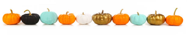 istock Colorful autumn pumpkins in a row isolated on white 1276981312