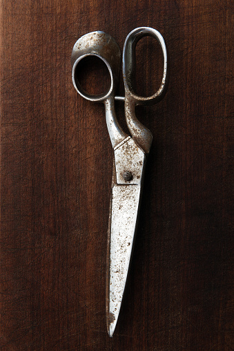 pair of rusty scissors on wood background