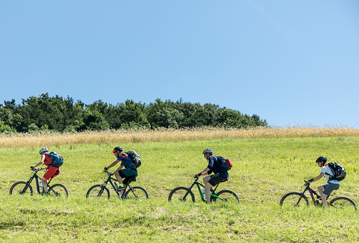Four mountainbikers are riding uphill in a row on a sunny day in an area of  Lower Austria and Burgenland called \