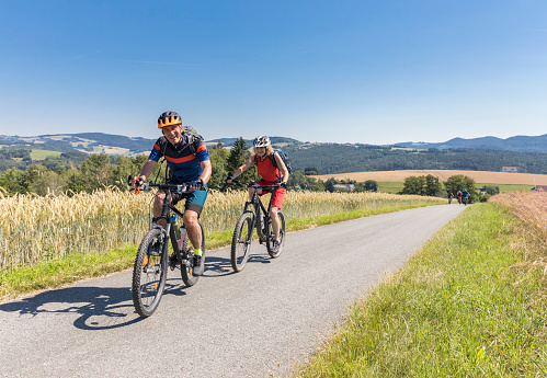 A middle aged mountainbike couple has fun riding the hills of an area of  Lower Austria and Burgenland called \