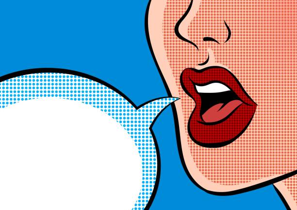 illustrations, cliparts, dessins animés et icônes de ouvrez la bouche féminine parlant et la bulle vide de discours. illustration vectorielle de pop art. - mouth open illustrations