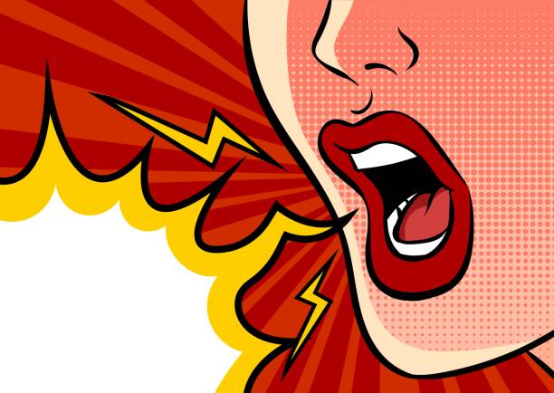 Angry shouting female mouth and empty speech bubble. Pop art vector illustration. Close-up of a woman's face, open mouth shouting and empty speech bubble on red background. Message concept, pop art comic poster. aggression illustrations stock illustrations