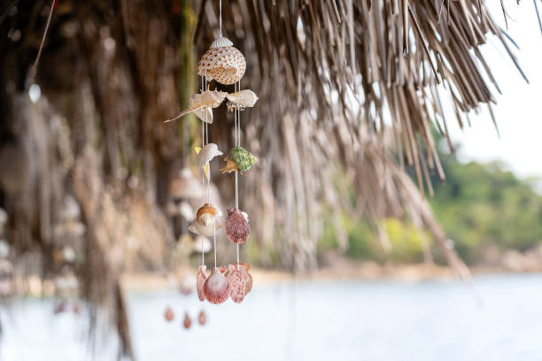 istock Seashells hanging on the ropes on a tropical beach, Thailand, closeup 1276983365
