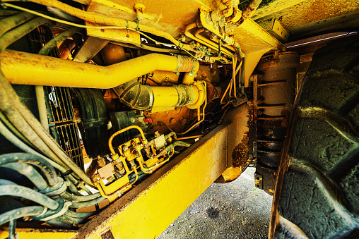 A large Bucket Wheel Excavator being repaired in a lignite pit mine