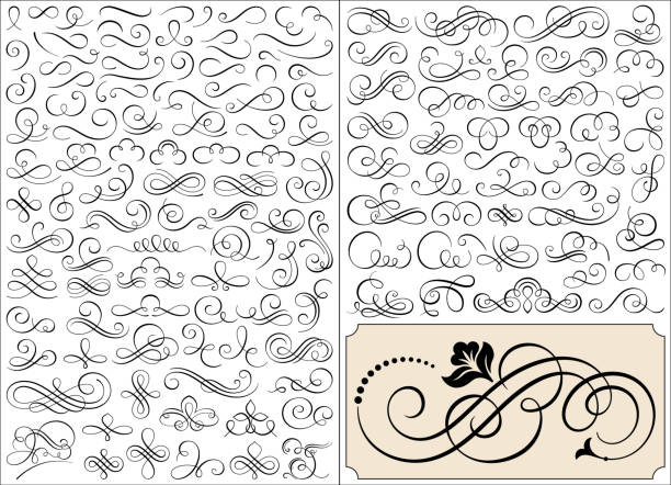 Calligraphic elements vector set Set of calligraphic elements vector illustration. Eps 10 file. All elements are well designed/constructed with minimum anchor points for easy editing. Pretty smooth and clean! flourish stock illustrations