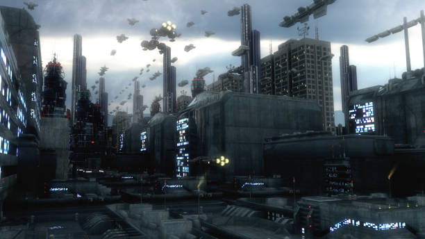 istock 3d rendering. Futuristic city and spaceships 1276988193