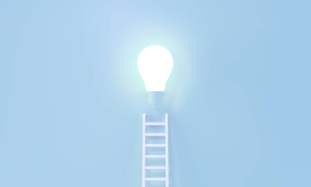 istock Ladder reaches up to a Glowing Light Bulb representing an Idea, creativity, invention concept. Minimalist blue pastel background. 3d rendering. 1276991330