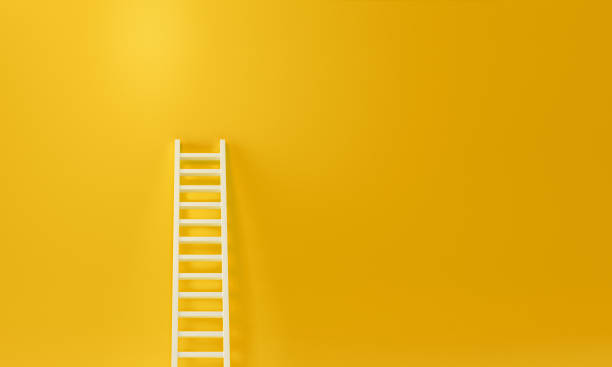istock Step ladder on a yellow wall on studio background, Up and down the stairs. Growth, future concept. 3D Rendering 1276991339