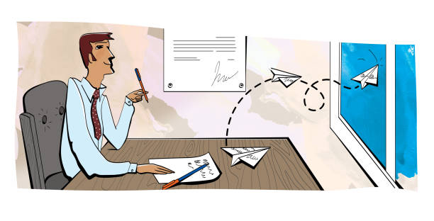 Man in an armchair at a work table looks up dreamily. Office routine. Write a statement. Paper planes. Man in an armchair at a work table looks up dreamily. Office routine. Write a statement. Paper planes. Isolated on white background. good looking man looking up stock illustrations