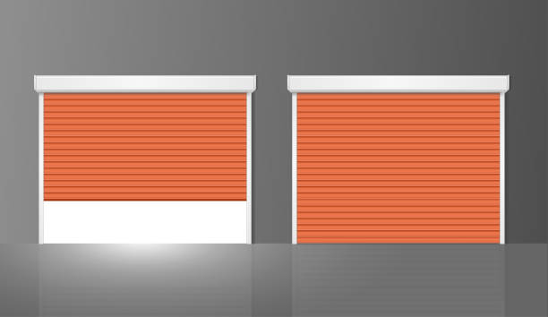 Realistic Detailed 3d Shutter Door or Rolling Door Set. Vector Realistic Detailed 3d Metal Shutter Door or Rolling Door Set Close and Open View. Vector illustration roll a door stock illustrations
