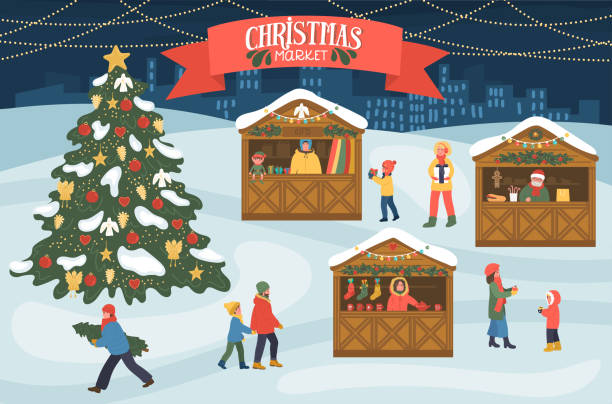 weihnachtsmarkt - weihnachtsmarkt stock-grafiken, -clipart, -cartoons und -symbole