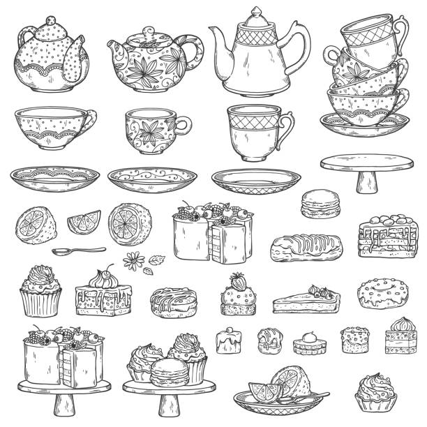 vector illustration isolated on white background. Set of vintage teapots, tea cups and cakes ink drawing outline sketch vector illustration isolated on white background. Line art collection for teatime and teahouse. tea set stock illustrations