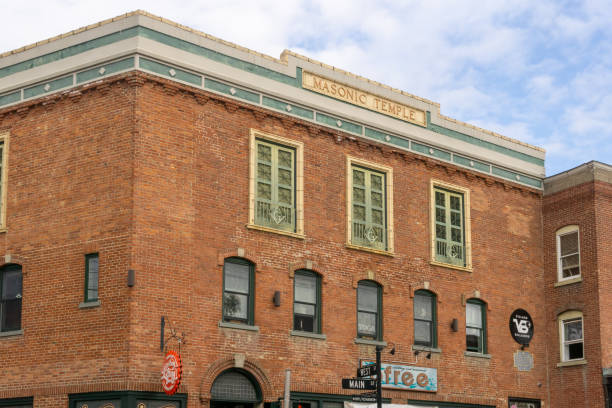 Close up landscape view of the historic Masonic Temple on the corner of Main Street and West Street in Warwick, NY. Warwick, NY / United States - Sept. 26, 2020: Close up landscape view of the historic Masonic Temple on the corner of Main Street and West Street in Warwick, NY. logan west stock pictures, royalty-free photos & images