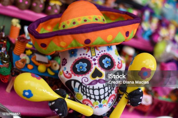 Colorful Mexican Skull With Hat And Maracas Stock Photo - Download Image Now - Mexican Culture, Mexico, Religious Offering