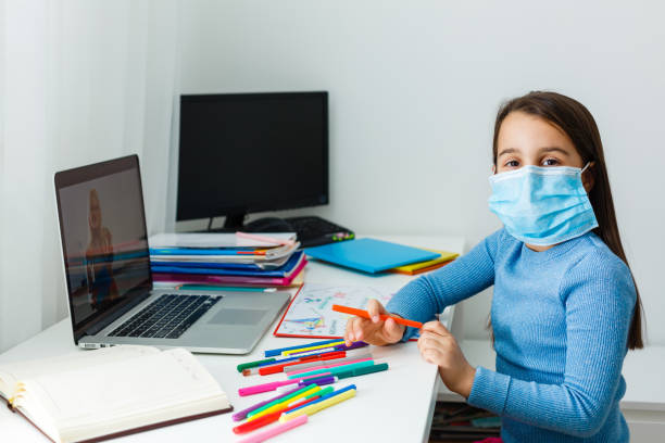 istock Young caucasian girl studying at home with online courses during the coronavirus quarantine. Distance education concept 1276998091