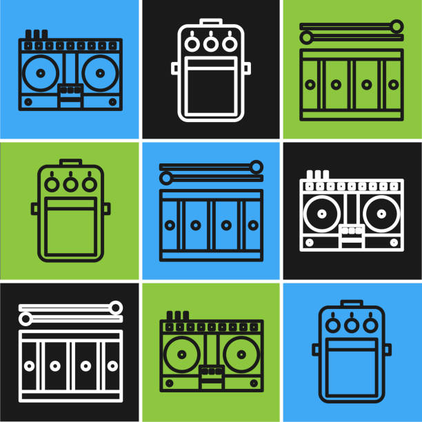 ilustraciones, imágenes clip art, dibujos animados e iconos de stock de establecer línea dj remoto para jugar y mezclar música, tambor con palos de batería e icono de pedal de guitarra. vector - guitar photographic effects guitar pedal amplifier