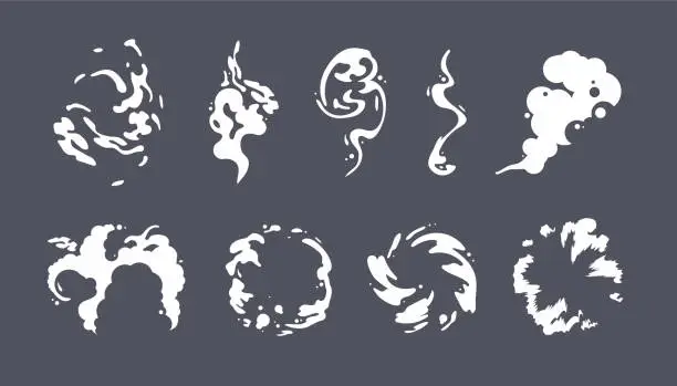 Vector illustration of Cartoon steam clouds, puff, mist, fog, watery vapour or dust explosion 2D VFX illustration. Vector.