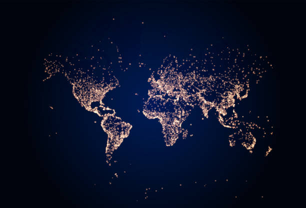 地球の夜の地図。都市のベクトルイラストは、空間からライトを点灯します。ダークマップ - 地球 光点のイラスト素材／クリップアート素材／マンガ素材／アイコン素材