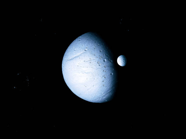 istock Rocky ice planet with craters and satellite in space. 1277004912