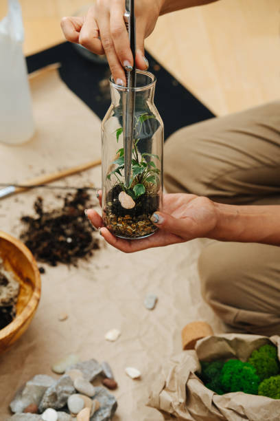 istock Female hands creating composition with garden inside glass bottle 1277008958