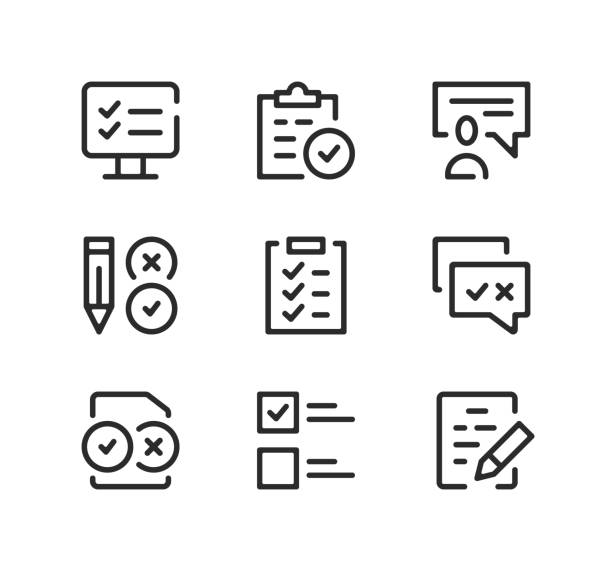 zestaw ikon linii egzaminacyjnych. nowoczesne koncepcje projektowania graficznego, czarne symbole liniowe, kolekcja prostych elementów konspektu. ikony linii wektorowych - checklist stock illustrations