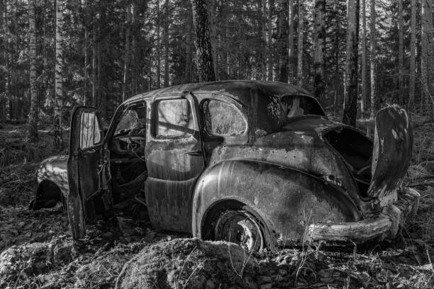Old English car standing in a forest on the Swedish countryside. Abandoned and left to rust and pollute the environment