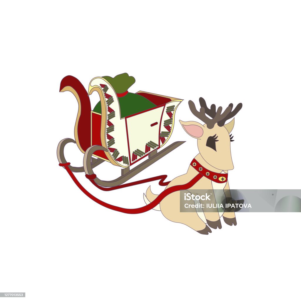 Reindeer Sitting In Front Of Christmas Sleigh Made In Cartoon Style Stock  Illustration - Download Image Now - iStock