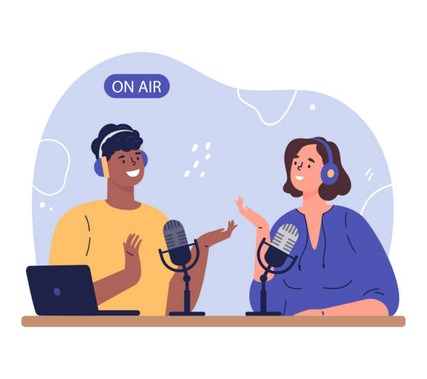 Podcast concept illustration Radio host.Podcast concept illustration.Young happy man and woman radio hosts characters podcasters talking communicating in studio.Interviewing guest. Vector cartoon illustration in flat style. podcasting illustrations stock illustrations