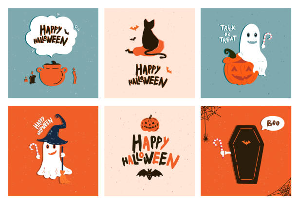 할로윈 파티 초대의 벡터 세트 - halloween invitation vector coffin stock illustrations