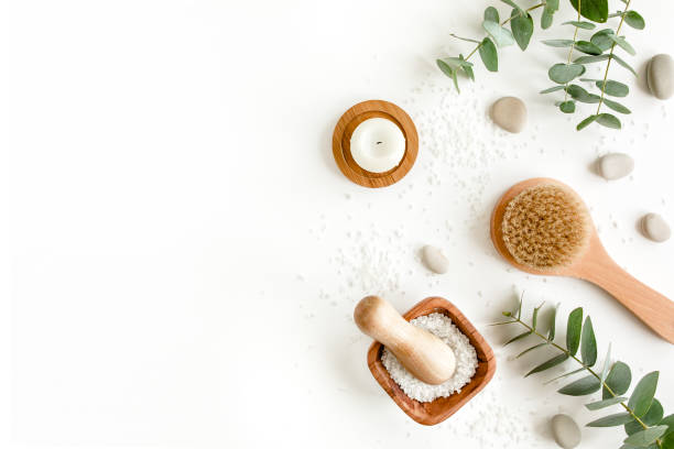 istock Spa Background. Natural, Organic spa cosmetics products, eco friendly bathroom accessories, eucalyptus leaves. Skincare concept on white background 1277014827