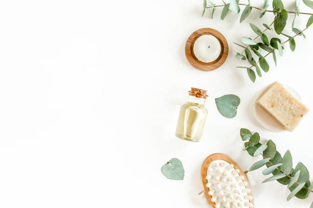istock Spa Background. Natural, Organic spa cosmetics products, eco friendly bathroom accessories, eucalyptus leaves. Skincare concept on white background 1277014899