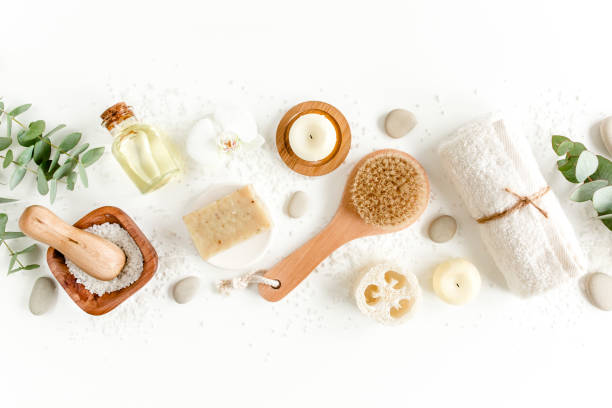 istock Spa Background. Natural, Organic spa cosmetics products, eco friendly bathroom accessories, eucalyptus leaves. Skincare concept on white background 1277016702