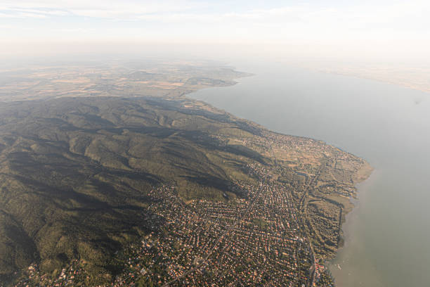 the lake balaton from above with forest stock photo