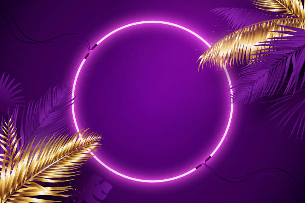 istock Purple neon frame surrounded by golden and violet tropical palm branches. Glowing neon round border. Vector background in synthwave style. Luxury banner design. Eps 10 1277017934