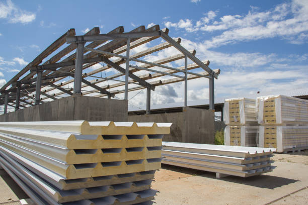 New thermal insulation sandwich panel, construction material for architecture. Sandwich panels at the construction site. New material for insulating the walls of the building under construction. New thermal insulation sandwich panel, construction material for architecture. Sandwich panels at the construction site. New material for insulating the walls of the building under construction. sandwich panel photos stock pictures, royalty-free photos & images