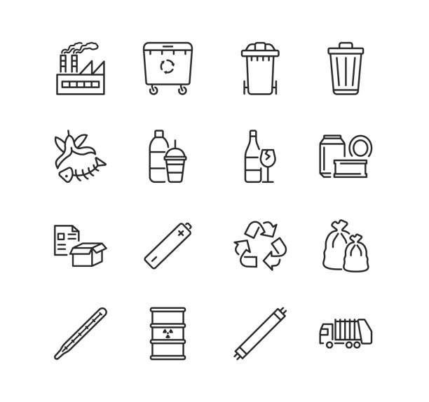 ilustraciones, imágenes clip art, dibujos animados e iconos de stock de reciclaje y clasificación del conjunto de iconos planos de la línea de residuos. clasificación de basura. basura de ilustración vectorial, fábrica, camión de basura, basura radiactiva. trazos editables. - plástico