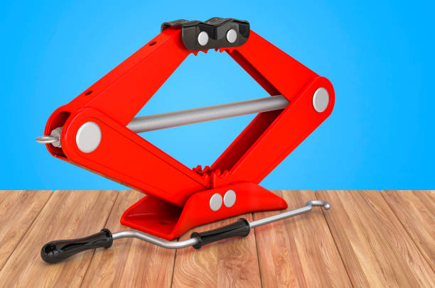 istock Blue scissor jack, car lifter on the wooden table, 3D rendering 1277021485
