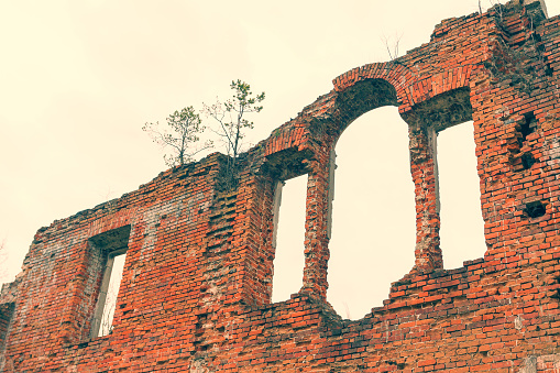 Ruins of an ancient castle Tereshchenko Grod in Zhitomir, Ukraine. In background blue sky, on earth grows green grass. Palace of 19th century. Vintage effect, scratches and cracks.
