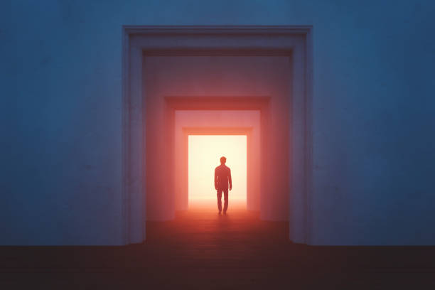 Old rooms with sleepwalker walking into mysterious passage Old rooms with sleepwalker walking into mysterious passage, 3D generated image. rustic door stock pictures, royalty-free photos & images