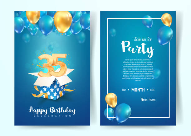Celebration of 35 th years birthday vector invitation card. Thirtty five years anniversary celebration brochure. Template of invitational for print on blue background Celebration of 35 th years birthday vector invitation card. Thirtty five years anniversary celebration brochure. Template of invitational for print on blue background. birthday stock illustrations