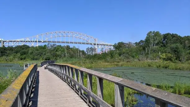 Walk on the Whitefish Island Indian Reserve Footbridge at Sault Ste. Marie Canal National Historic Site. Located in the Canadian waters of the St. Mary's River in Ontario.